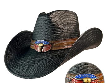 May include: Black straw cowboy hat with a brown leather band and a metal buckle featuring an American flag and a bull's head design.