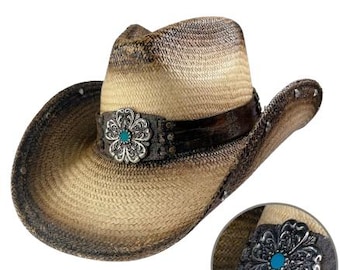 Straw Cowgirl Hat| Western Hat| Country Festival Hat| Concert Hat| Natural Hat Flower Cowgirl &quot;Amelia&quot; | Austin Handmade Hats|Western Style