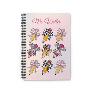 Personalized spiral notebook for teacher, pink coquette notebook with pencils and animal print, gift for principal many coquette pencils,