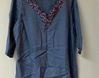 Vintage Just Wear XXL Linen Blue V-Neck Tunic Top Zip Closure Sequins Blue