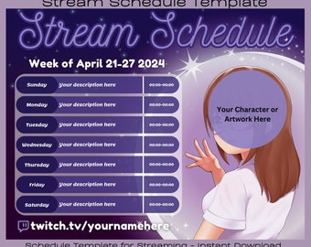 Puede incluir: Un gráfico morado y blanco con una plantilla de programación para streaming. La plantilla incluye una programación semanal con los días de la semana, franjas horarias y espacio para descripciones. El gráfico también presenta un personaje de dibujos animados con cabello castaño y una camisa blanca. El texto "twitch.tv/yournamehere" está en la parte inferior del gráfico.