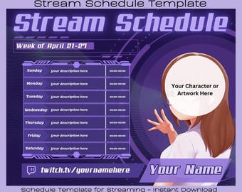 Puede incluir: Plantilla digital púrpura y blanca para un horario de transmisión semanal. La plantilla incluye un espacio para un personaje o una obra de arte, un nombre de canal de Twitch y un horario para cada día de la semana con intervalos de tiempo.