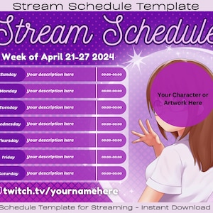 Modelo de programação de transmissão semanal Ethereal Amethyst Twitch para streamers, VTubers, PNGTubers | Modelo de programação de transmissão VTuber