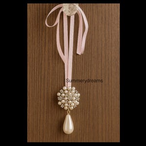 Hanging Charm with pink satin ribbon and pearl charm for door knobs, wall decor