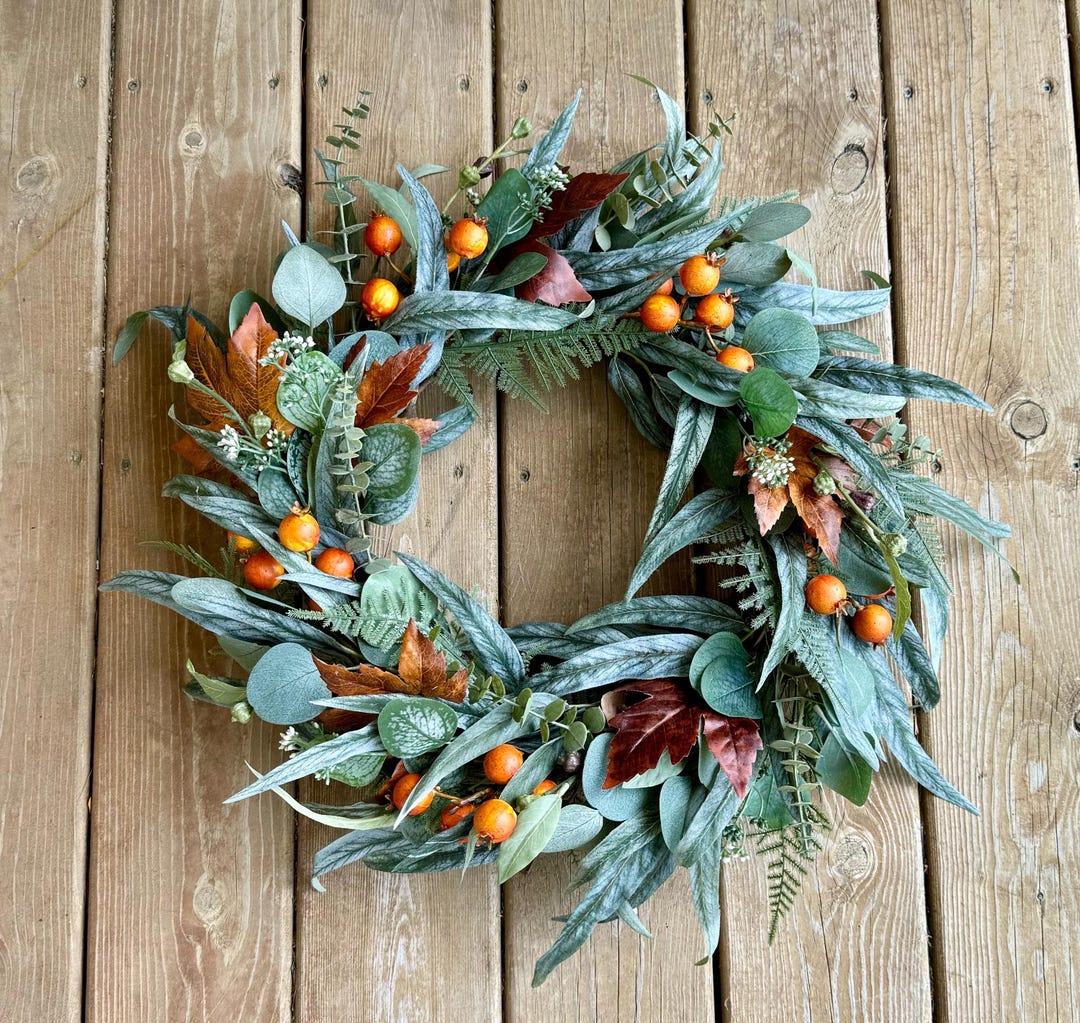 Fall Eucalyptus Wreath With Maple Leaves for Front Door, Orange Berries ...