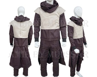 May include: A brown and white costume with a hooded jacket and pants. The jacket has a white vest with a high collar. The pants have a long, flowing skirt attached to the back.