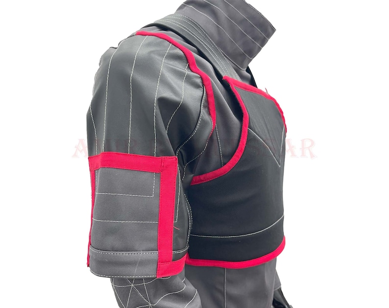 May include: A black and gray padded vest with red trim. The vest has a high collar and a zipper closure. The vest is made of a durable material and is designed for protection.