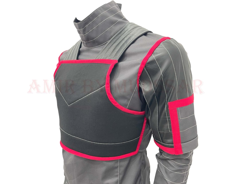 May include: A black vest with red trim, worn over a gray shirt. The vest has a padded front and a strap across the chest.