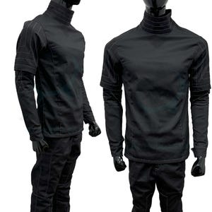 May include: A black long-sleeved shirt with a high collar and white stitching detail. The shirt has a fitted silhouette and a slightly cropped length.