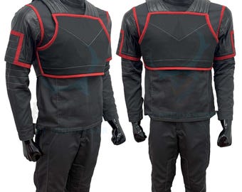 Custom Black Commando Flight Suit – 3-Piece Flak Vest with Leather Accents & Red Trim