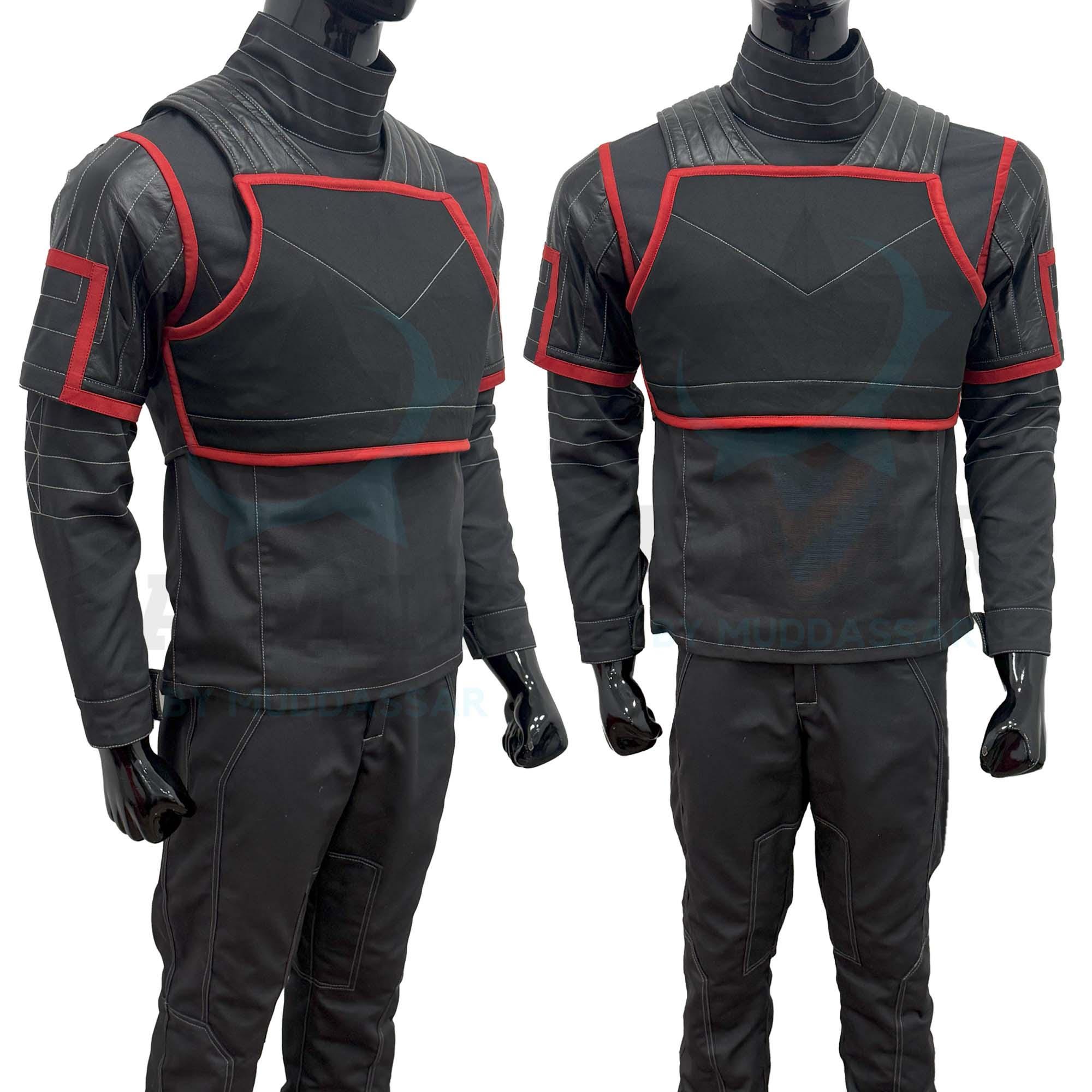 Custom Black Commando Flight Suit - 3-Piece Flak Vest with Leather Accents & Red Trim