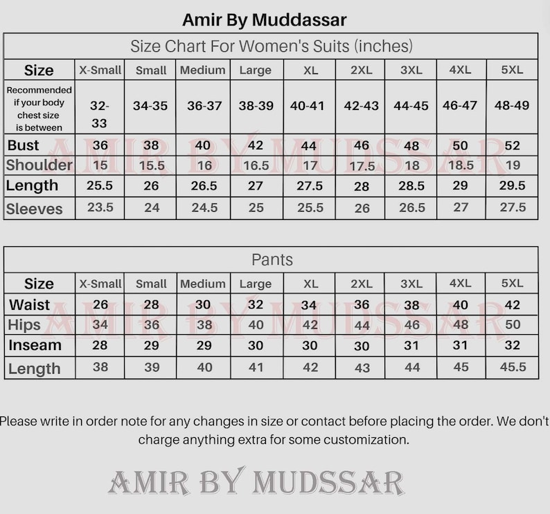 May include: Size chart for women's suits in inches. The chart shows measurements for bust, shoulder, length, sleeves, waist, hips, inseam, and length. The sizes range from X-Small to 5XL.