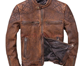 Brown Cafe Racer Vintage Distressed Leather Jacket for Men, Men’s Handcrafted Customizable cowhide full grain Motorcycle  jacket