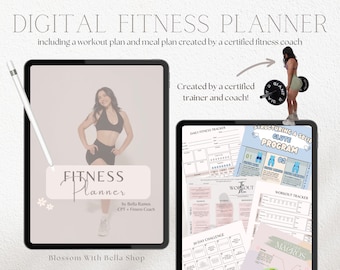 May include: Digital fitness planner with a pink and white cover featuring a woman in workout clothes. The planner includes a workout plan, meal plan, daily fitness tracker, 30-day challenge, and a glute program.
