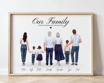 Custom Portrait Family with Pet Print Personalized Gift for Family, Our Family Print, Gift for Mom Dad, Housewarming Gift, Father's Day Gift