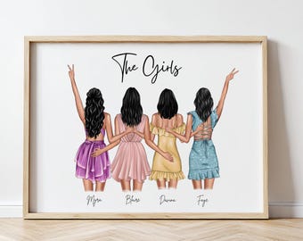 Custom Group of 4 Friends Bestie Print Personalised Group Best Friend Birthday Print, Group Friendship Print Besties Birthday Gifts for Her