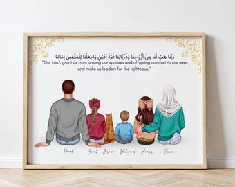 Custom Muslim Family with Pets Portrait Hijabi Family Print Wall Art Gift Faceless Illustration Islamic Portrait Gift for Mothers Day Gifts