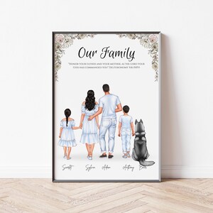 Vår familj med husdjurstryck Personligt familjeporträtt med hund Mamma Pappa Barnpresent Hund Katt Illustration Konst Julklapp för föräldrar Tryck