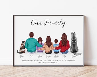 Mom Christmas Gift Our Family Print Personalized Gift for Family with Pet Custom Portrait Father's Day Family Illustration Gifts for Mom Dad