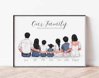 May include: A framed print featuring a digital illustration of seven people standing in a row with arms around each other. The text reads Our Family WHERE LIFE BEGINS, LOVE NEVER ENDS. Below each figure are the names Simon, Bella, Peter, Claire, Laura, Nathan, and Margaret.