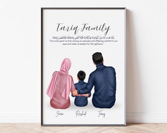Individuell gestalteter Kunstdruck mit gesichtsloser Illustration einer muslimischen Familie – ideal als islamisches Geschenk für Familien, zum Einzug oder als Wanddekoration für Hijab-Trägerinnen.