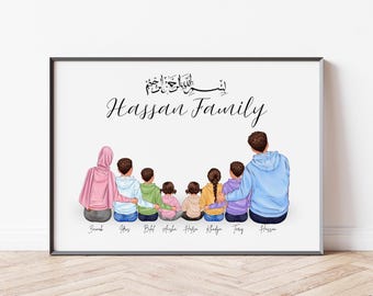 Benutzerdefinierte Familienporträt Geschenk für muslimische Familie Personalisierte Islamische Wohnkultur Ramadan Geschenk für Muslimische Mama Papa Paar Housewarming Wandkunst