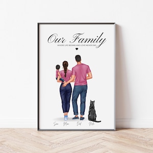 May include: A framed wall art print featuring a cartoon illustration of a family of three and a cat. The text reads Our Family, WHERE LIFE BEGINS AND LOVE NEVER ENDS, with names Sam, Mom, Dad, and Nala printed below the figures on a white background.