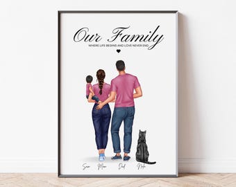 Personalisiertes Familienporträt mit Hund Unsere Familie mit Haustier-Druck Mama Papa Kindergeschenk Hunde-Katzen-Illustration Kunst Weihnachtsgeschenk für Großeltern