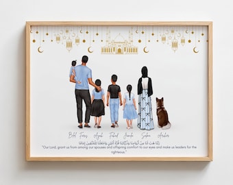 Muslim Family with Pet Portrait Muslim Family Digital Wall Art Print Faceless Islamic Portrait Umrah Mubarak Gift Ramadan Mothers Day Gifts