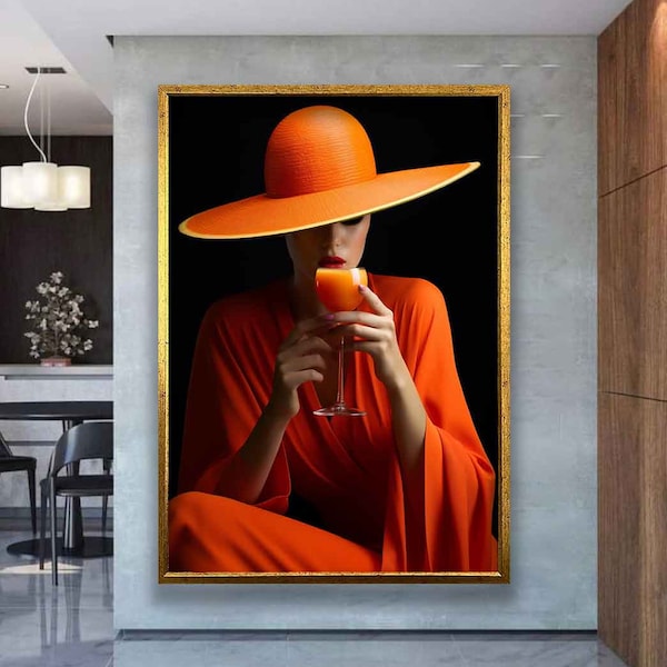 Décoration murale en toile Femme au chapeau orange, impression sur toile femme buvant du jus d'orange, décoration d'intérieur en toile femme élégante, oeuvre d'art sur toile femme moderne
