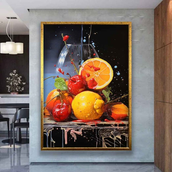 Abstract Fruits canvas wall decor, Fruit plate canvas print art, Fruits canvas print kitchen decor, Ready to hang Dining Room decor