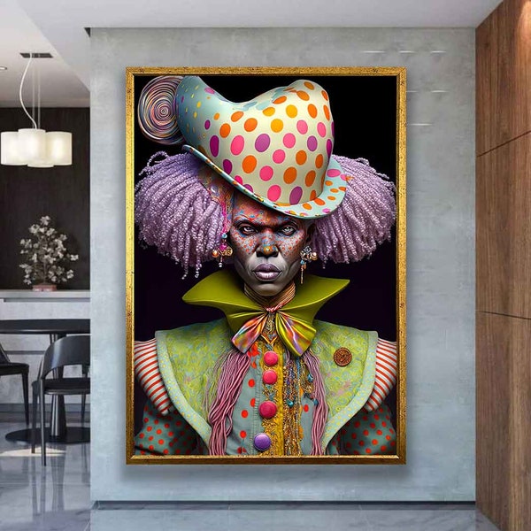 Art d'impression sur toile de clown, décoration murale en toile de clown en colère, impression sur toile de clown colorée prête à accrocher, décoration murale d'art de clown