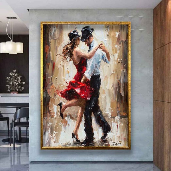 Décoration murale en toile de couple faisant du tango, art sur toile de danse romantique, toile de couple dansant en grands caractères, peinture sur toile, décoration de salle de musique