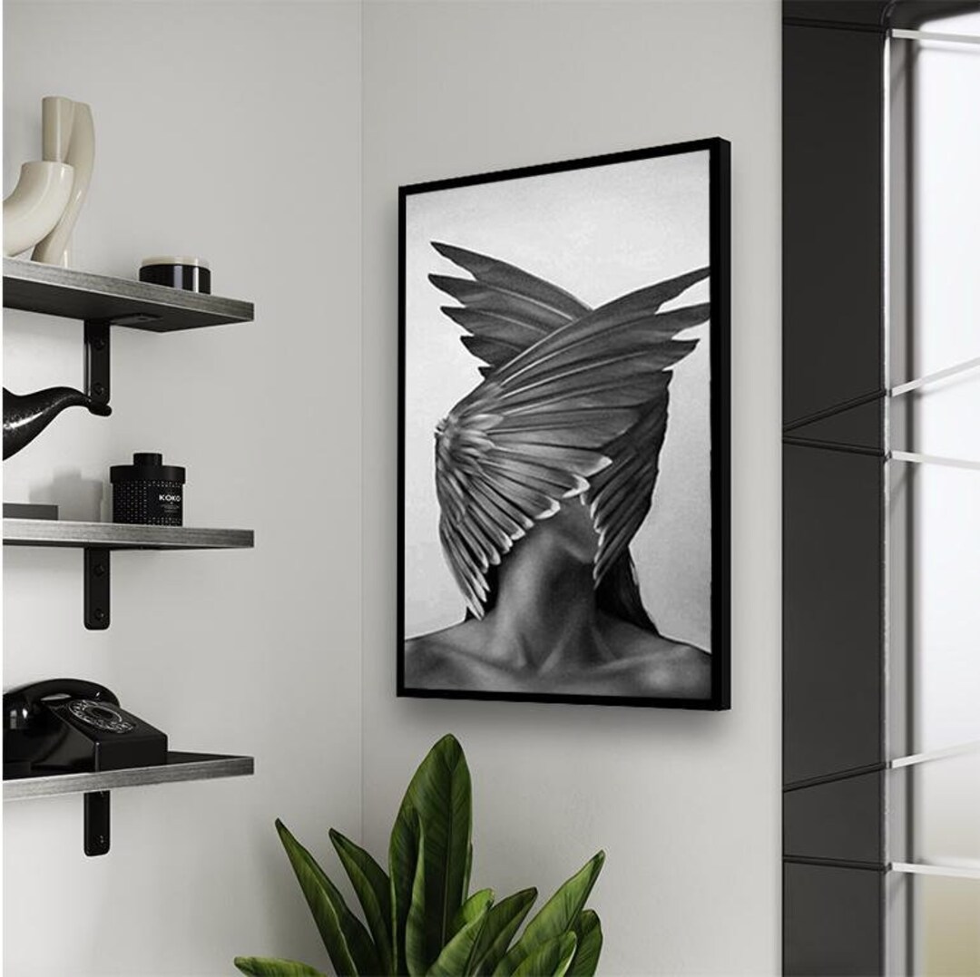 Monochrome Feathered Portrait Modern Surrealist Black and White Canvas ...