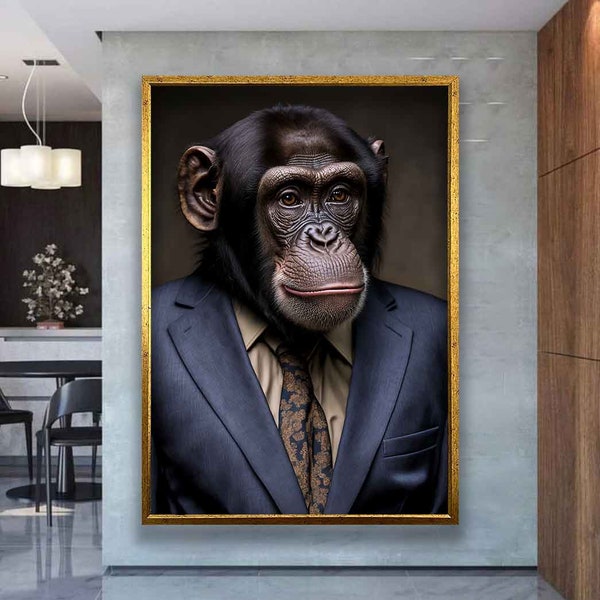 Impression sur toile de singe, décoration murale en toile de singe en costume, impression sur toile de singe dans une veste bleue prête à accrocher