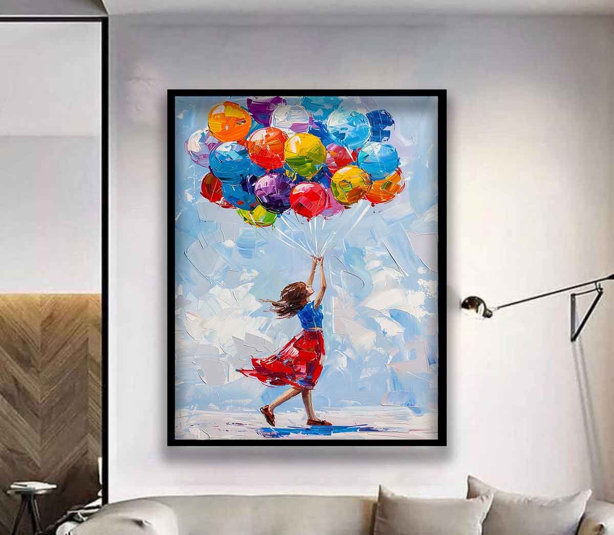 Girl's Flying Balloon Poster, Flying Colorful Balloons