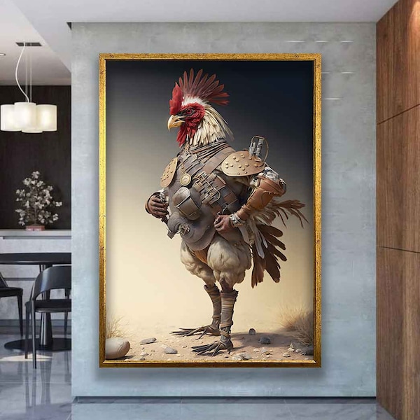 Rooster canvas painting, Soldier Rooster canvas wall decoration, Warrior Rooster canvas home decoration, Camouflage rooster canvas wall art