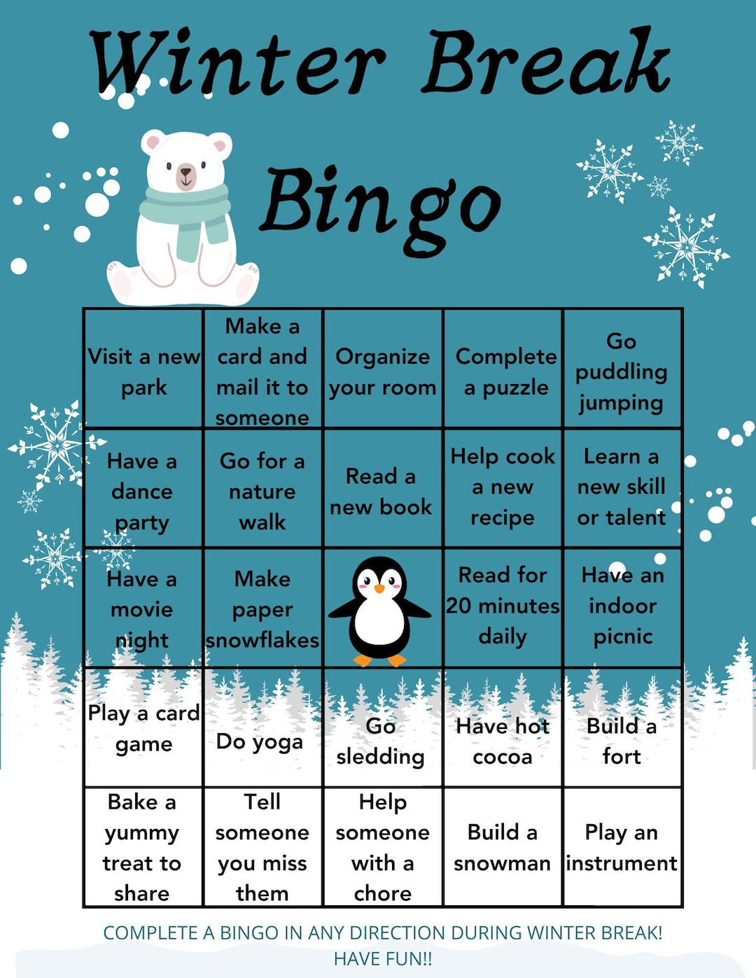 winter break bingo board for kids - etsy