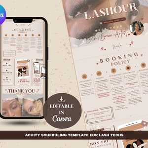 Könnte beinhalten: Ein braunes und weißes Handy-Display zeigt eine Buchungsrichtlinie für eine Wimpern- und Augenbrauenstylistin. Die Richtlinie enthält Informationen zu Terminen, Zahlung, Stornierung, verspätetem Erscheinen, Umplanung und Premium-Slots. Der Handy-Bildschirm ist von einem braunen Hintergrund mit einem Download-Symbol und dem Text "In Canva bearbeitbar" umgeben.