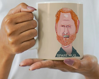 Prince Harry &#39;Spare Mug&#39; Funny Celebrity Custom Illustrated 11oz White Mug, by Drew Dreadful - US Production