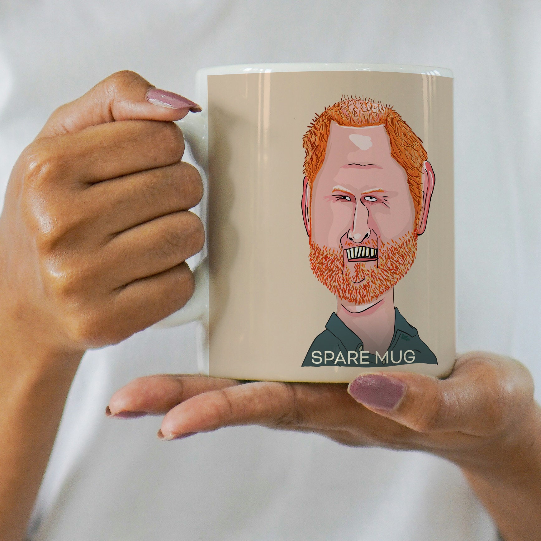 Prince Harry 'Spare Mug' Funny Celebrity Custom Illustrated 11oz White Mug, by Drew Dreadful - US Production