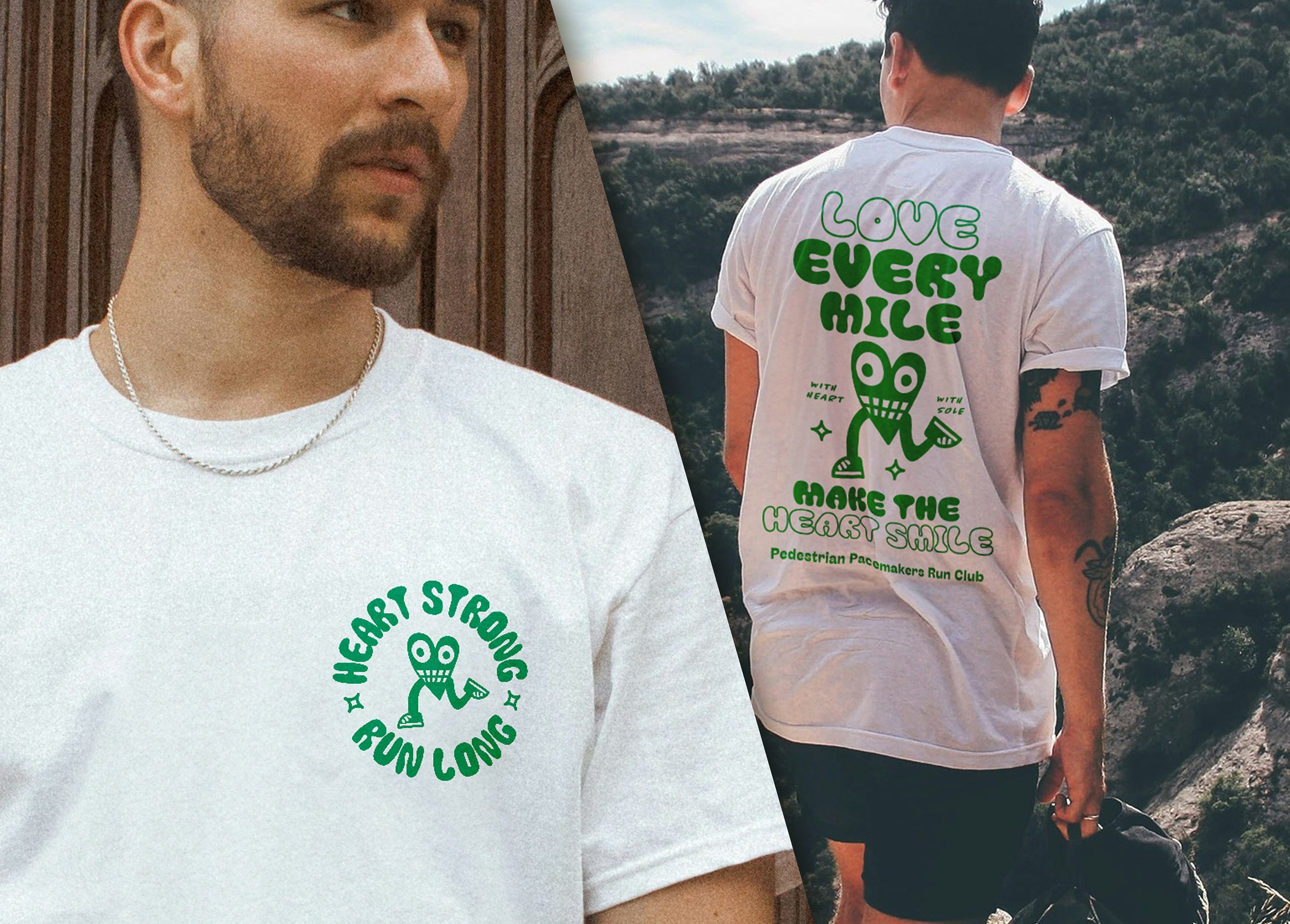 Heart Strong - Run Long, Love Every Mile, Double sided Oversized Graphic T-shirt, gift for fun runner, run club, big text, color options US