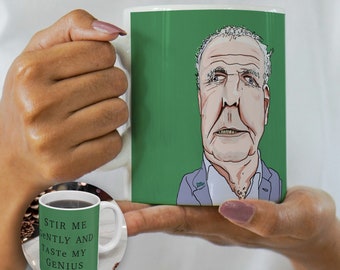 Jeremy Clarkson &#39;Stir Me Gently and Taste My Genius&#39; Funny Celebrity Custom Illustrated 11oz White Mug, by Drew Dreadful - US Production