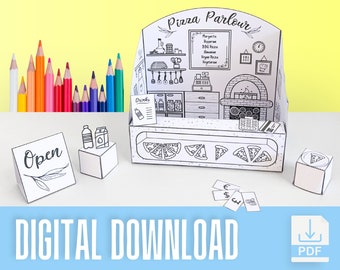 Mini-kiosque pour pizzeria, jouet en papier | PDF imprimable en téléchargement numérique | DIY - Imprimez, découpez, coloriez et assemblez | Kit d'activités manuelles miniatures