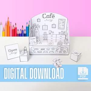 Puede incluir: Un modelo de papel en blanco y negro de una cafetería para imprimir. La cafetería tiene un mostrador con una caja registradora, una pizarra de menú y una vitrina con pasteles y sándwiches. La cafetería está abierta, como indica el cartel que dice "Abierto".