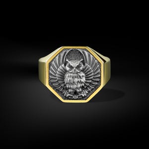 Engraved Owl Animal Signet Ring for Men in Sterling Silver, Minimalist Bird Rings for Best Friend, Gold Plated Silver Owl Jewelry for Family