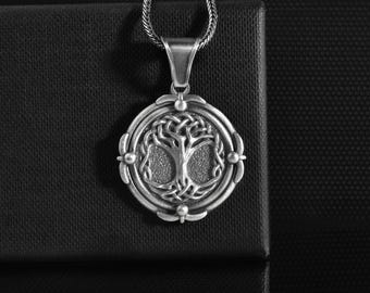 Tree of Life Made of Celtic Knot Personalized Silver Men Necklace, Unique Handmade Engraved Yggdrasil Motif Pedant, Celtic Mythology Jewelry