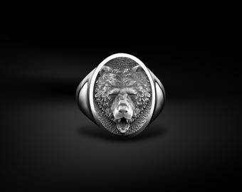 Grizzly Bear Chunky Biker Silver MenRing, Sterling Silver Oval Signet Wilde Bear Ring in Polished Silver, Celtic Animal Jewelry Gift for Men
