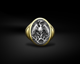 925K Phoenix Birds in Flames Signet Men Ring, Oval Signet Men Ring in Gold Plated Silver, Mythology Lover Gifts, Phoenix Gift for Christmas