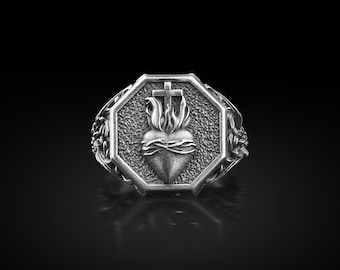 Sterling Silver Sacred Heart Signet Ring: Catholic Jewelry Gift